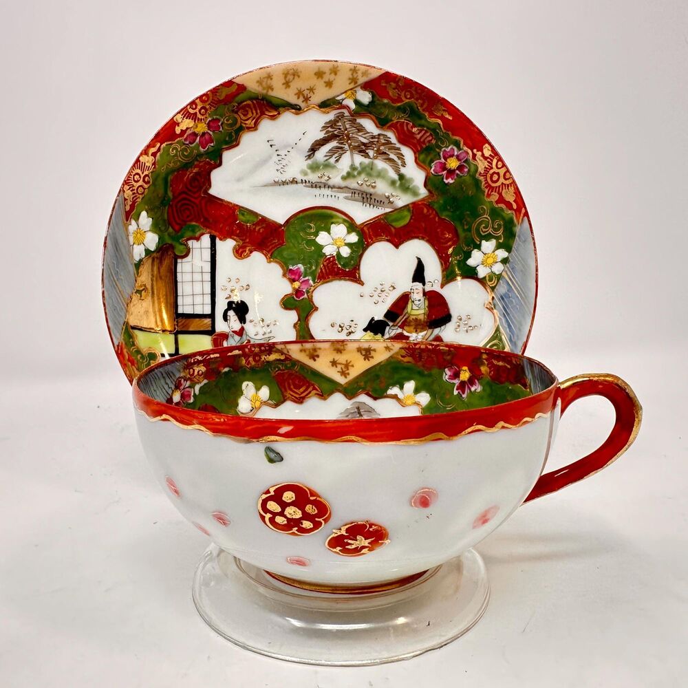 Vintage Maito Kutani Japanese Eggshell Porcelain Geisha Teacup Saucer Set #5